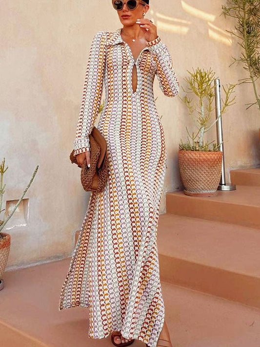 Collared V Neck Split Wavy Striped Crochet Beach Vacation Maxi Dress - Brown