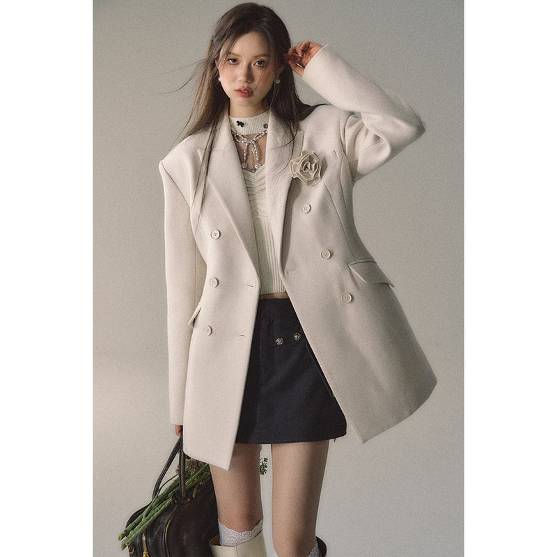 Cream Woolen Double-breasted Coat