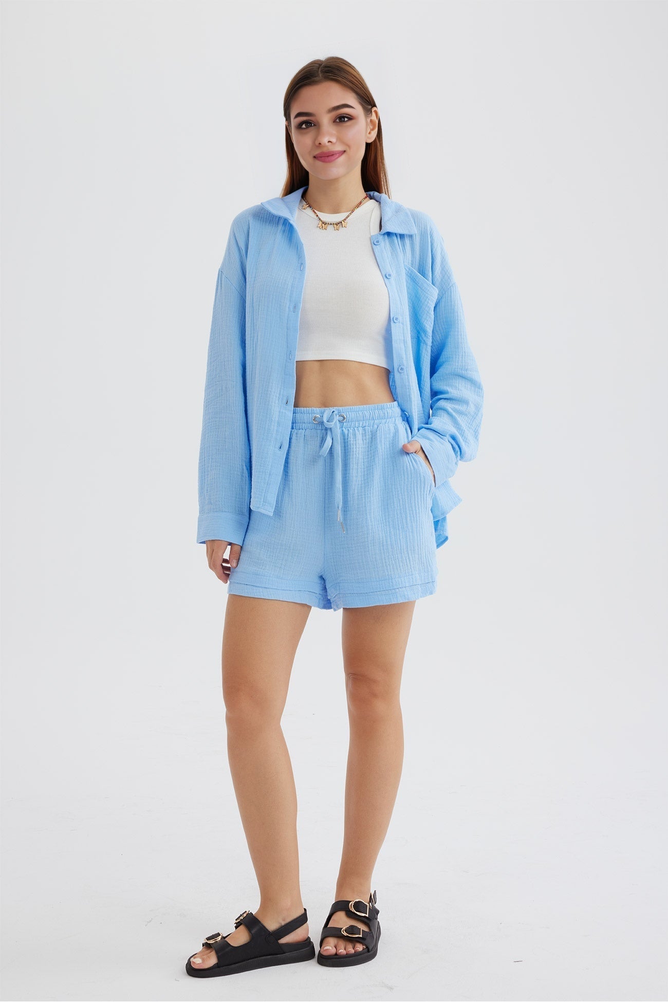 Long Sleeve Color Shirt Shorts Set