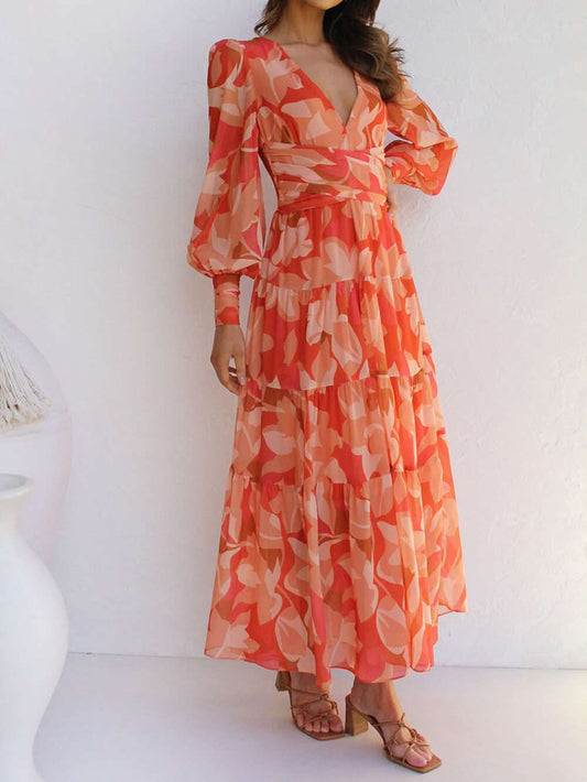 Long-sleeved V-neck Swing Midi Dress