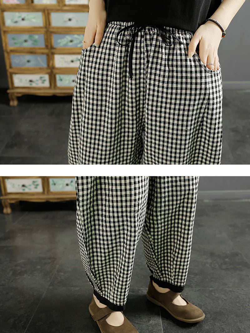 Plaid Summer Cotton Harem Pants Qw1044