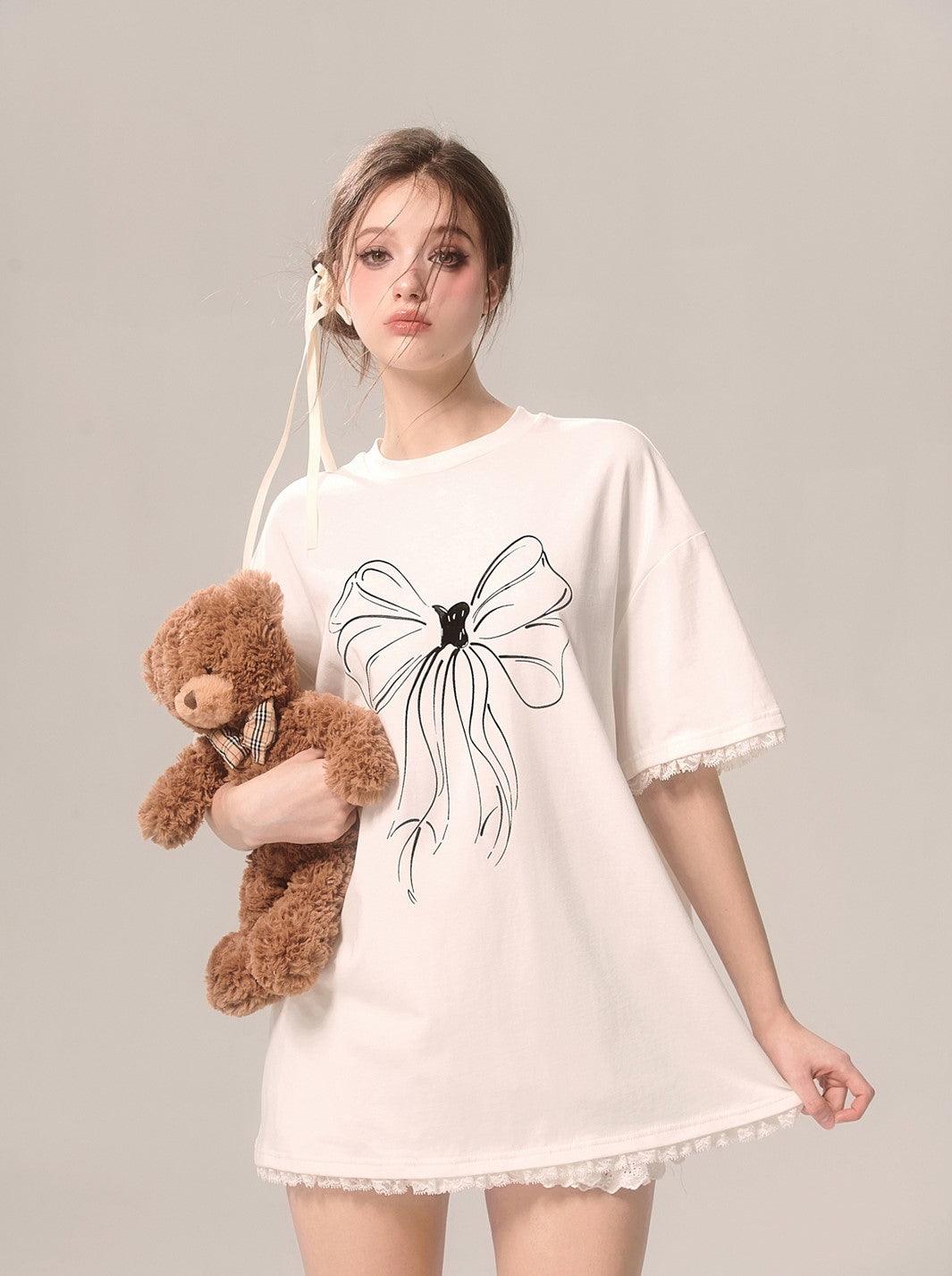 White Loose Short-sleeved T-shirt With Bow Lace Trim