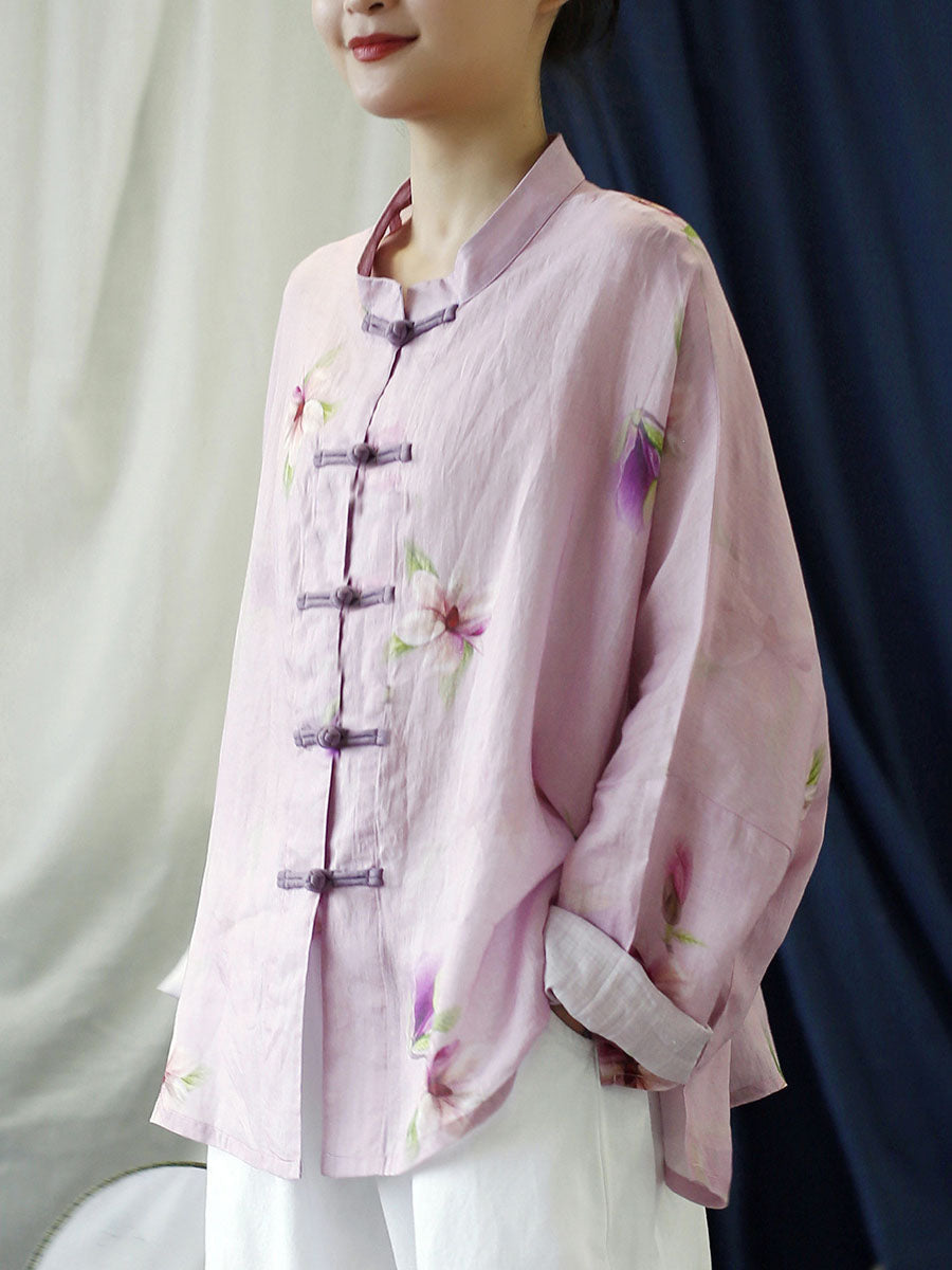 Flower Pink Spring Ramie Shirt Coat Pp1051