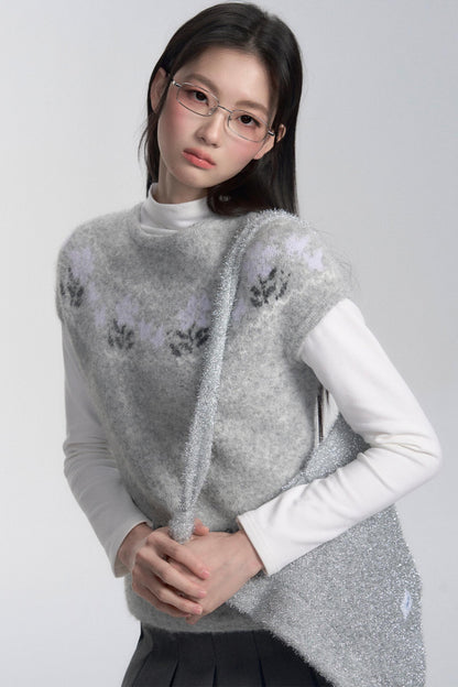 Grey Patterned Layered Knit Blouse Set-up