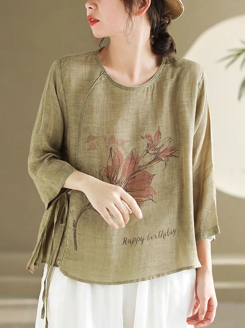 Spring Flower Strap Ramie Blouse Kl1039