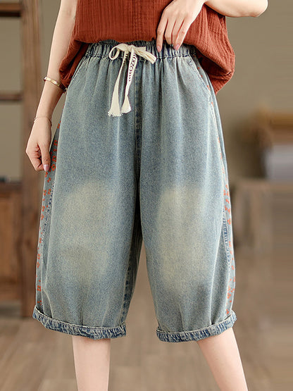 Summer Spliced Washed Denim Knee Length Pants Op1039