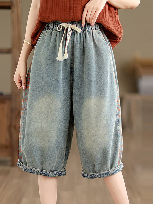 Summer Spliced Washed Denim Knee Length Pants Op1039