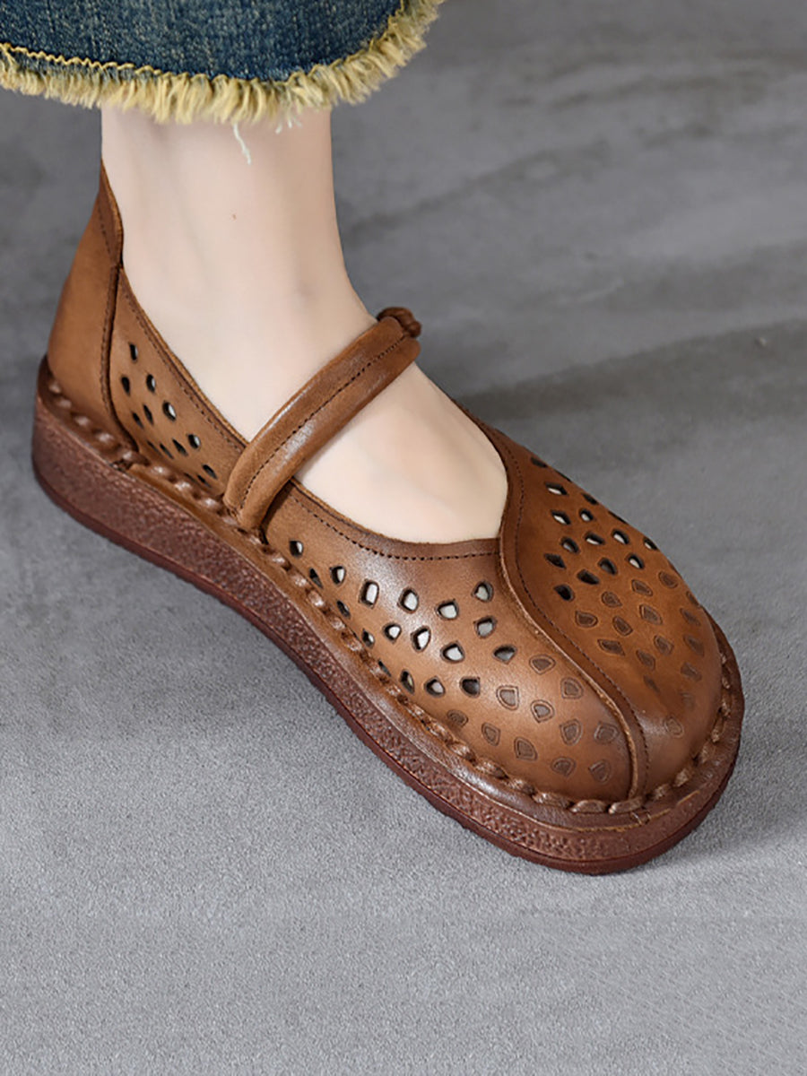 Summer Leather Cutout Leather Flat Shoes Oo1018