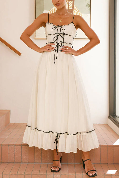 Spaghetti Strap Frill Trim Tie Bow Maxi Dress