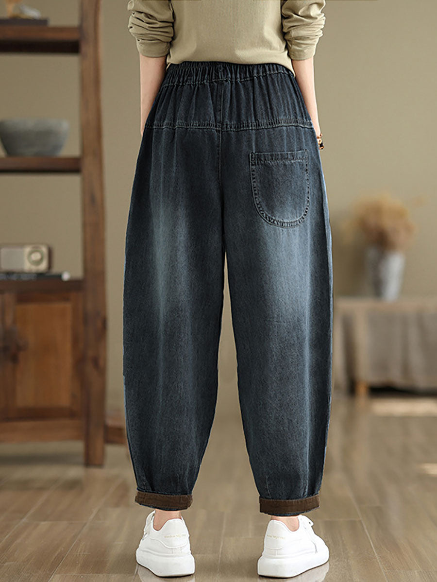 Autumn Cat Patch Spliced Denim Harem Pants Av1004