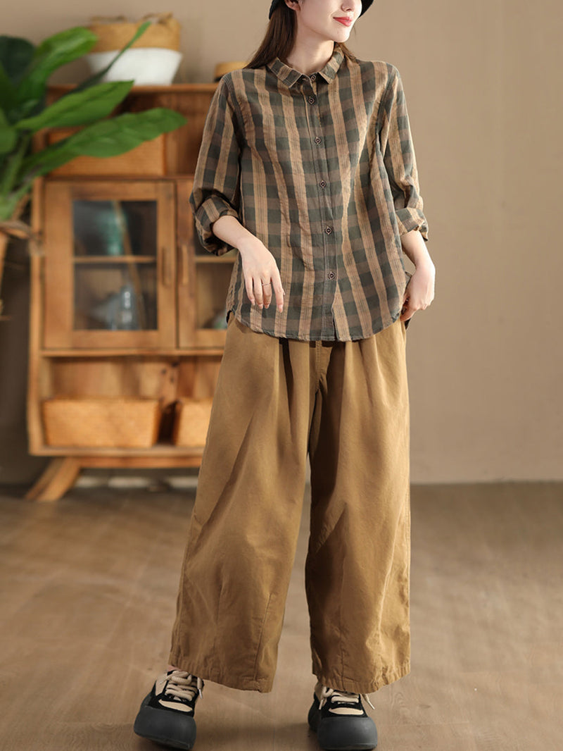 Autumn Plaid Button-up Linen Blouse At1038