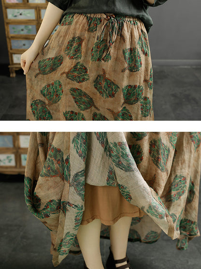 Leaf Flower Ramie Loose Skirt Sc1042