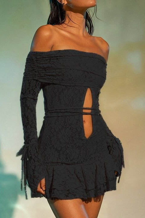 Ruffled Jacquard Off-shoulder Mini Dress