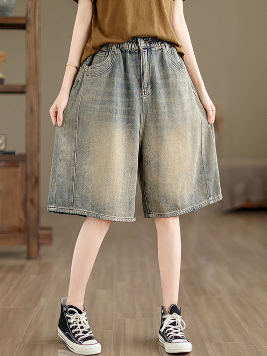 Summer Worn Denim Wide-leg Fifth Pants Cc037