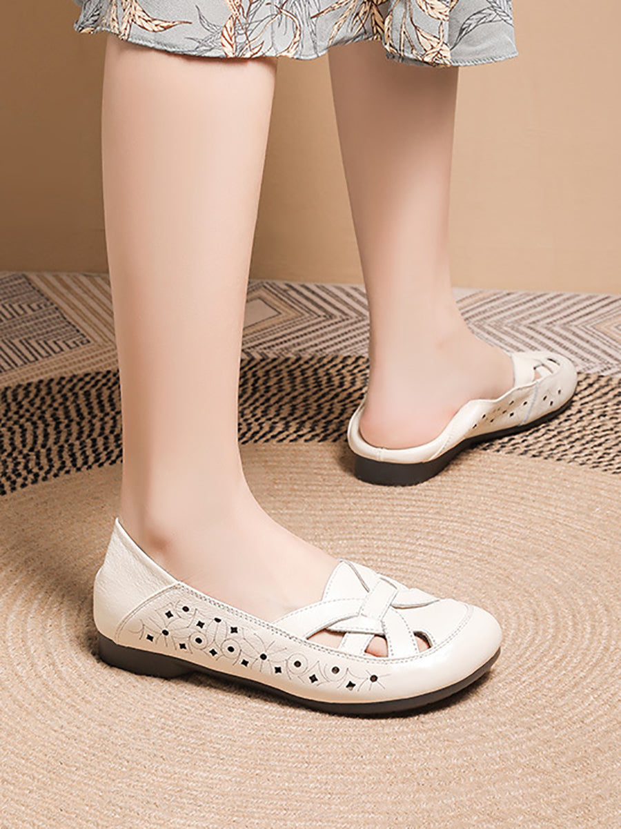 Summer Leather Cutout Soft Flat Shoes As1017