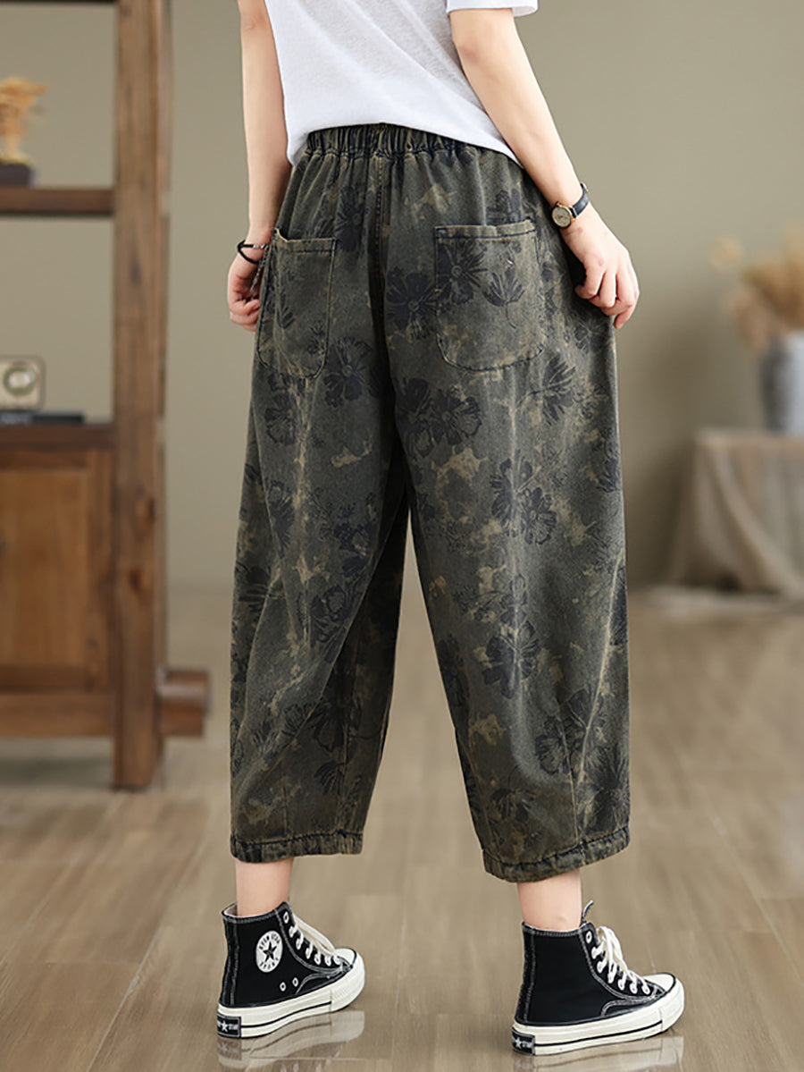 Summer Retro Flower Denim Loose Pants Ii1003