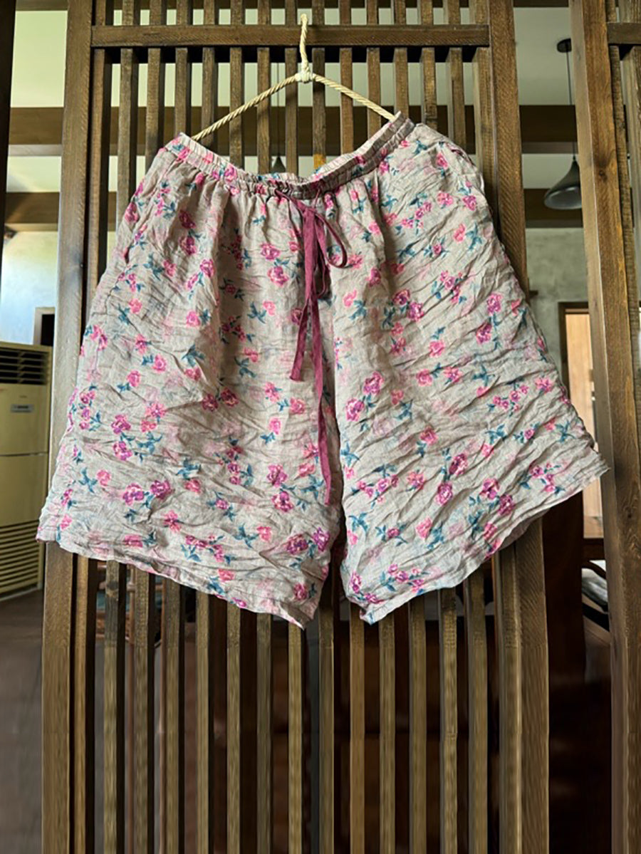 Summer Flower Loose Ramie Shorts Rr1024