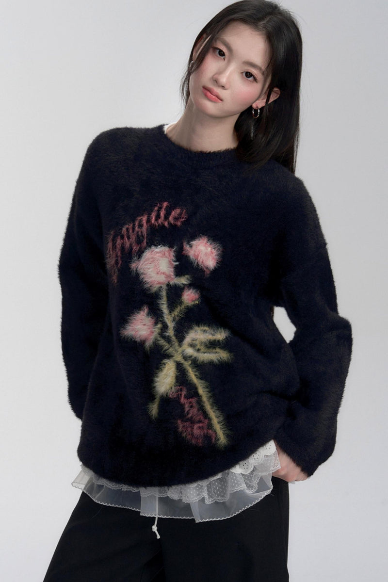 Embroidered Fuzzy Sweater