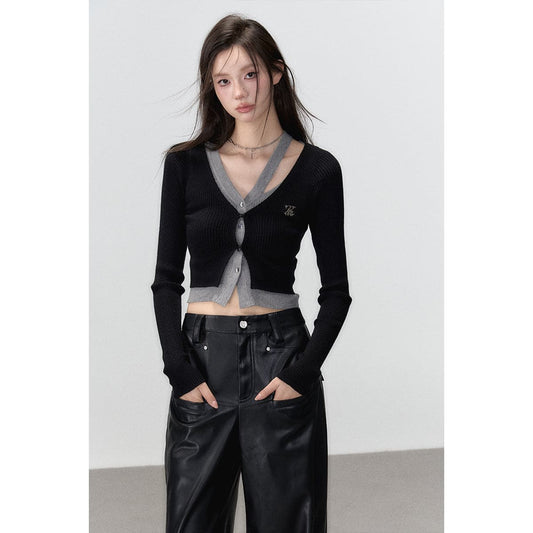 Black Hollow Out Knit Cardigan - 2-piece Design
