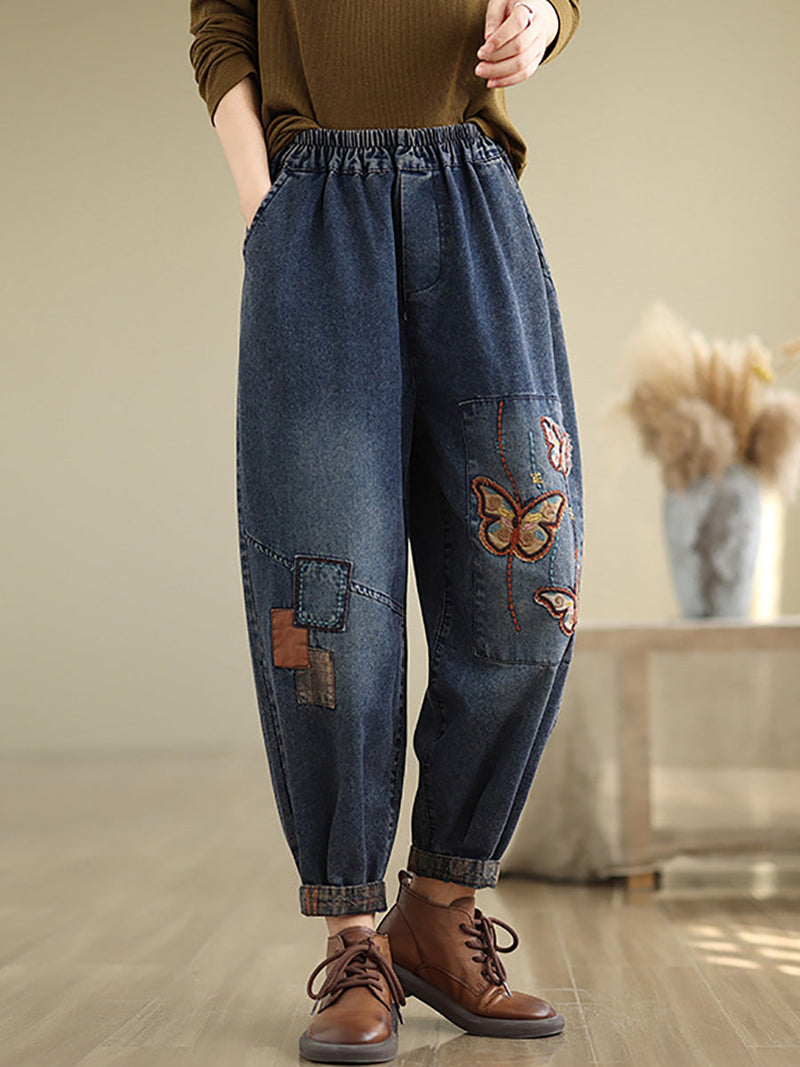 Autumn Artsy Butterfly Embroidery Denim Harem Pants Ai1078