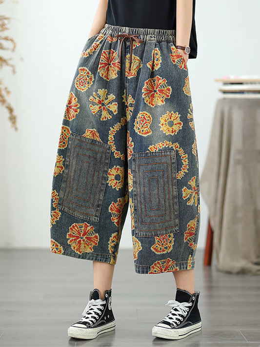 Straight Pants Retro Capri Flower Denim