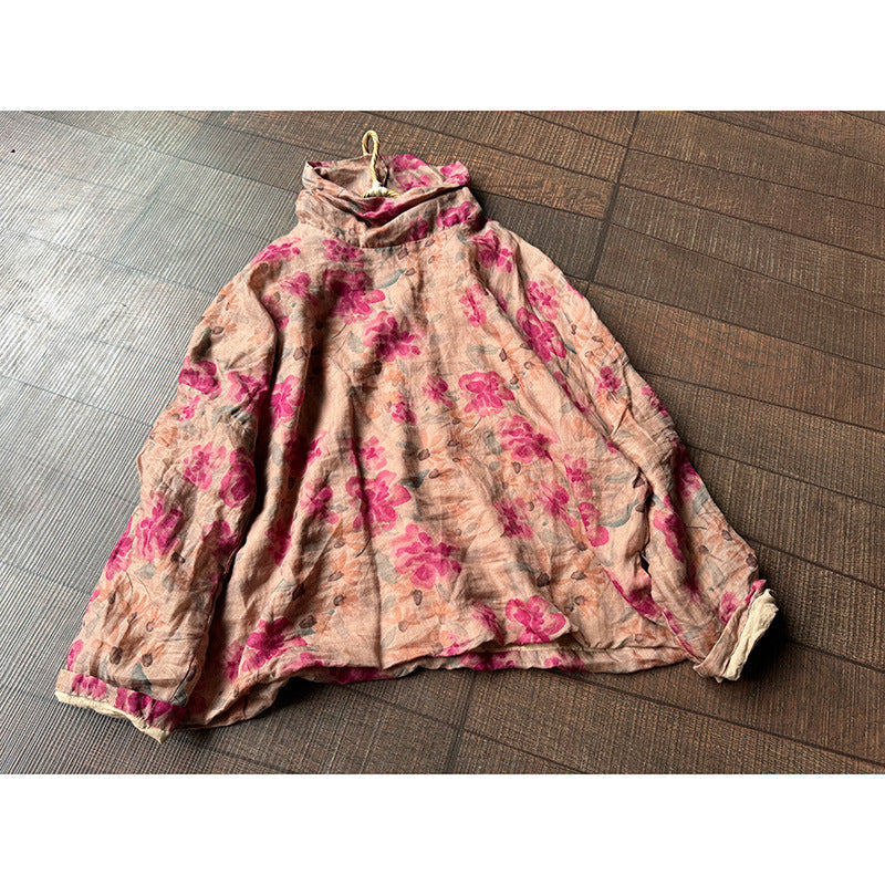 Autumn Artsy Turtleneck Ramie Blouse Qu032