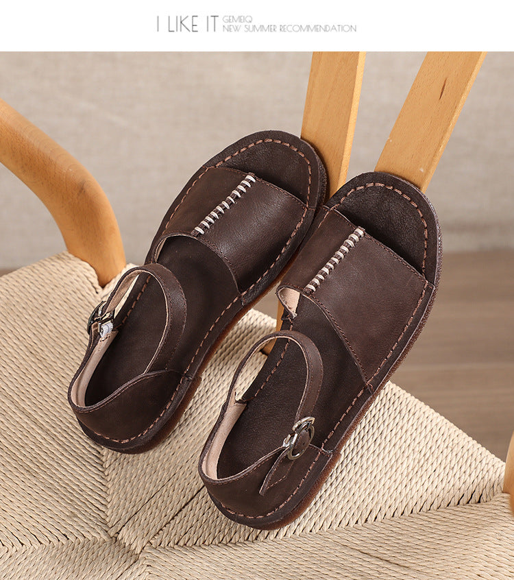 Summer Leather Spliced Flat Sandals Ui1031