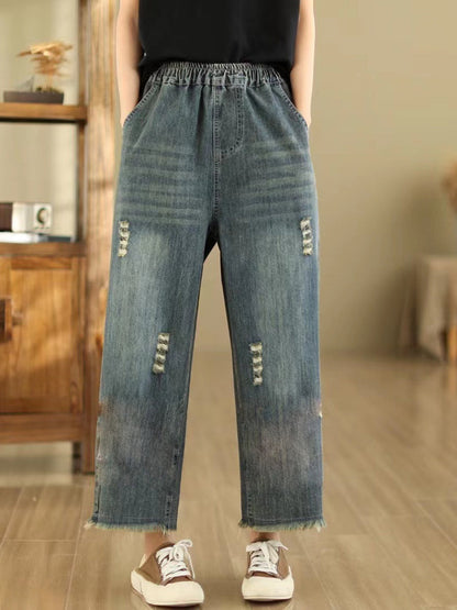 Summer Retro Embroidery Frayed Straight Denim Pants As1042