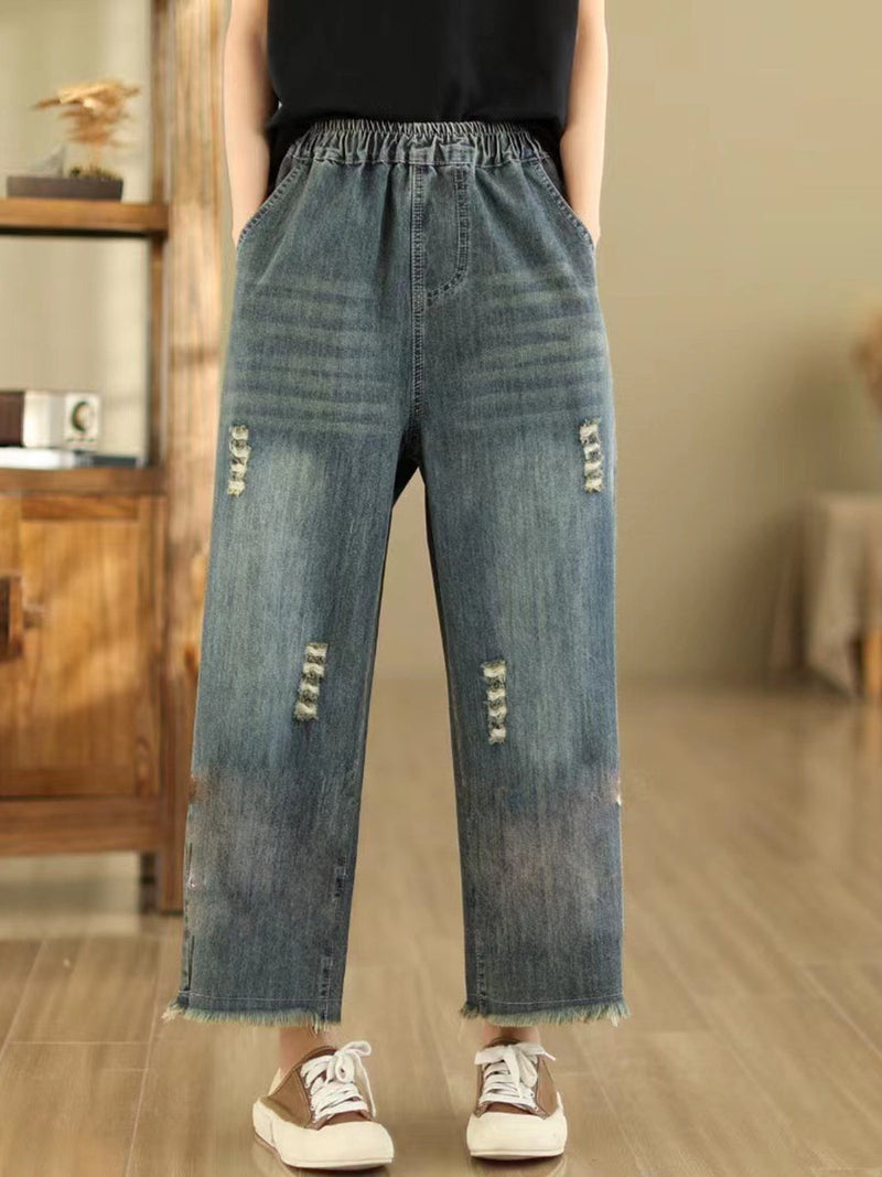 Summer Retro Embroidery Frayed Straight Denim Pants As1042