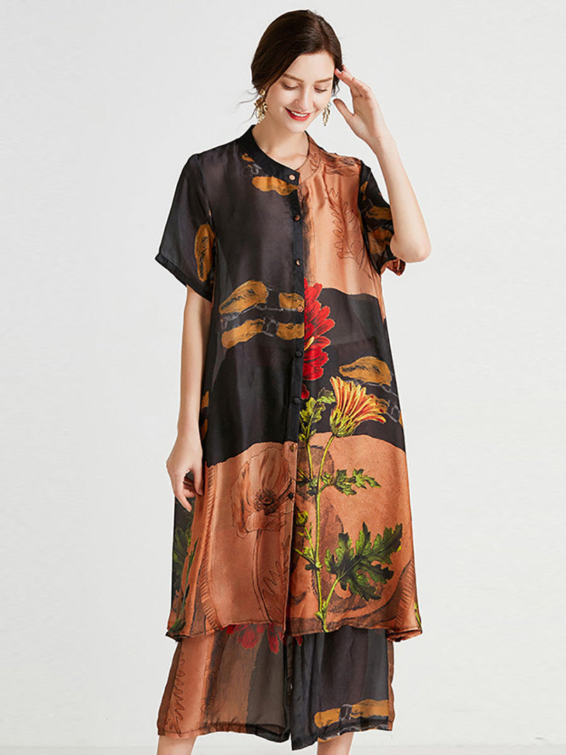 Artsy Flower Spliced Long Shirt+pants Hh053