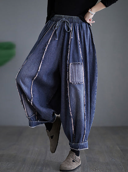 Summer Denim Patch Spliced Harem Pants Fd031