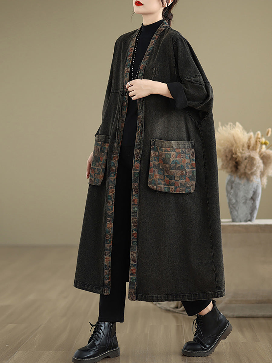 Autumn Worn Patch Colorblock Denim Coat Ah1067