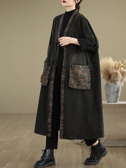 Autumn Worn Patch Colorblock Denim Coat Ah1067