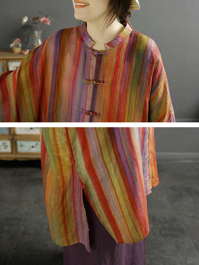 Summer Stripe Button-up 100%ramie Shirt Coat Kl1032