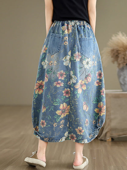 Summer Flower Spliced Denim Skirt Xx1027