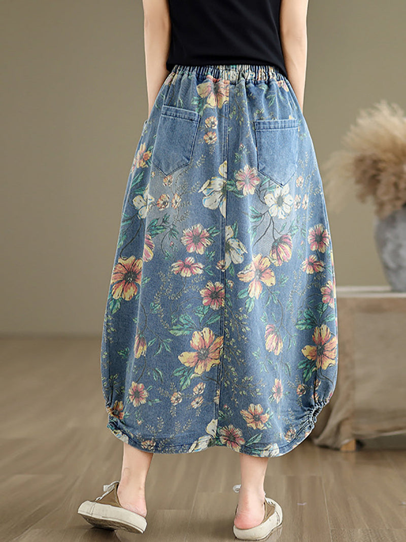 Summer Flower Spliced Denim Skirt Xx1027