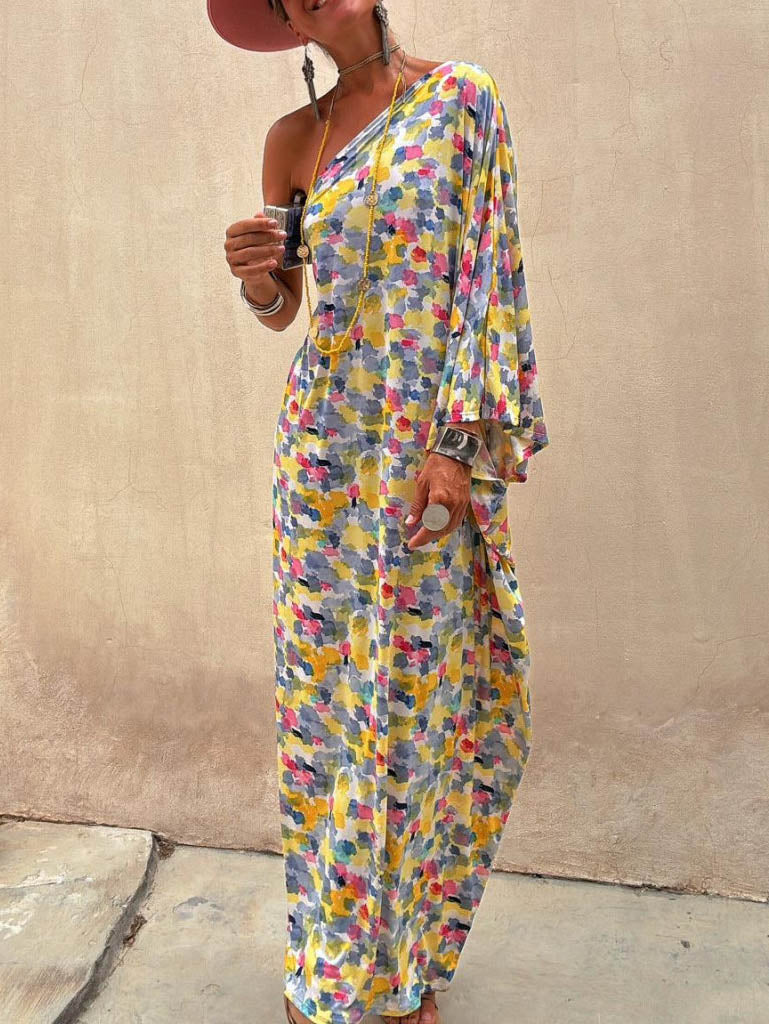Holiday Ink-dye Print Off-shoulder Maxi Dress