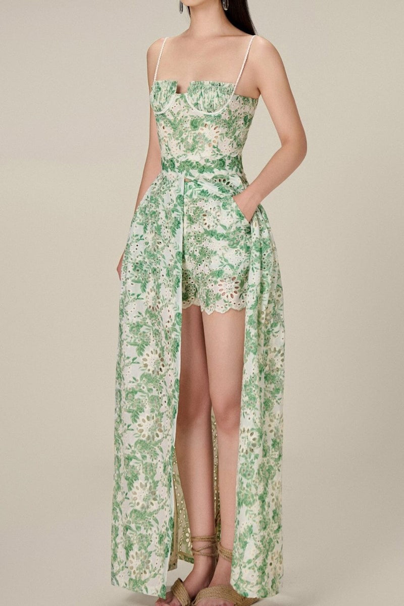 Lace Pleated Sleeveless Split Maxi Top �?mid Waist Mini Pants Set