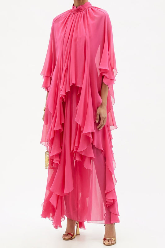 Stand Collar Ruffle Hem Maxi Dress