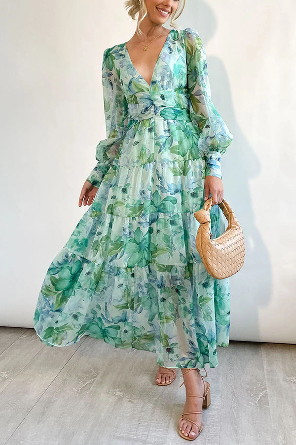 Painted Inspiration Balloon Sleeves Maxi Dress