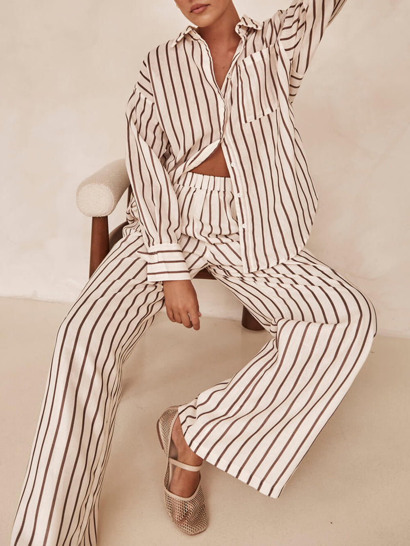 Loose Striped Patchwork Shirt and Wide-leg Pants Suit