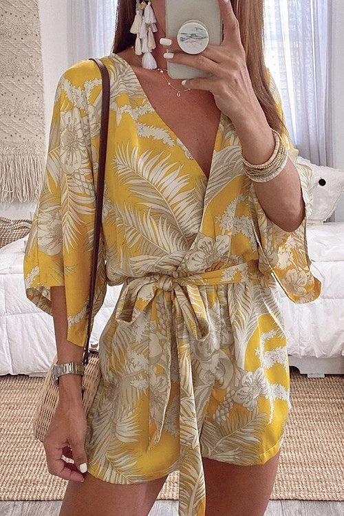 Kimono V Neck Leaf Print Wrapped Batwing Romper in Yellow
