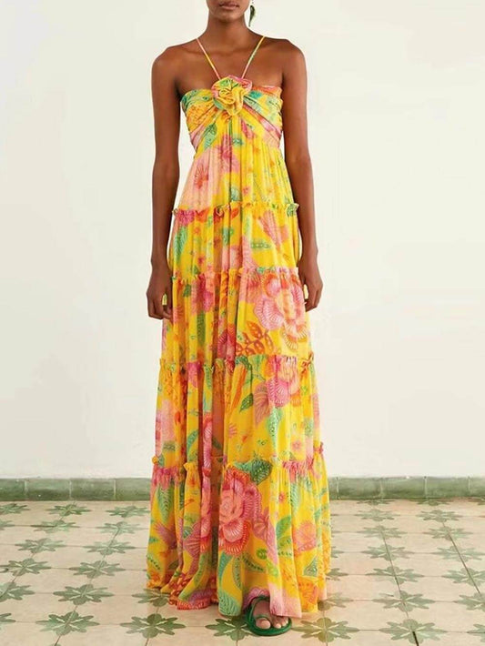 Hanging Neck Printed Design Backless Straight Maxi Dress