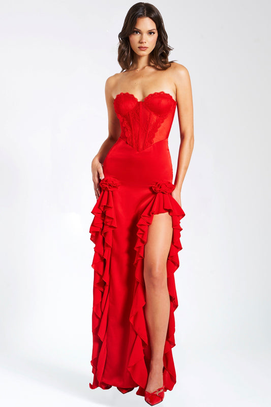 Red Satin Lace Corset Maxi Dress