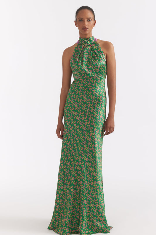 Emerald Reed Print Halter Neck Sleeveless Maxi Dress