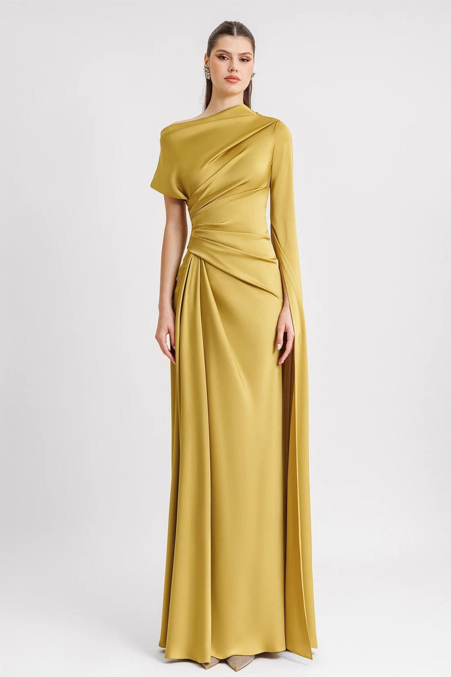 Satin Asymmetrical Neckline Draped Maxi Dress
