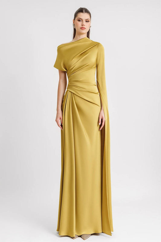 Satin Asymmetrical Neckline Draped Maxi Dress