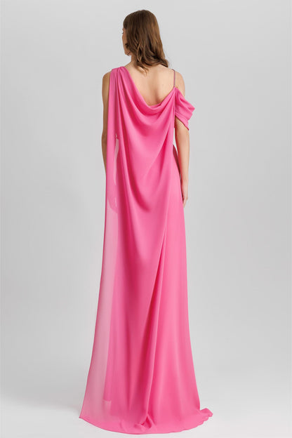 Satin Chiffon Cape Gathering Maxi Dress
