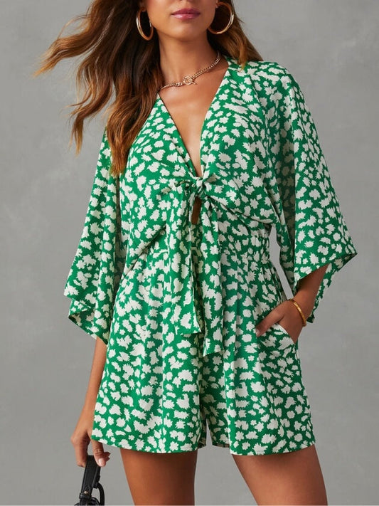 V-neck Pocketed Tie Romper