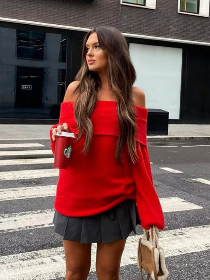 Off Shoulder Cropped Knitted Pullover Slash Neck Long Sleeve Female Sweater Autumn Lady Loose Jumpers Knit